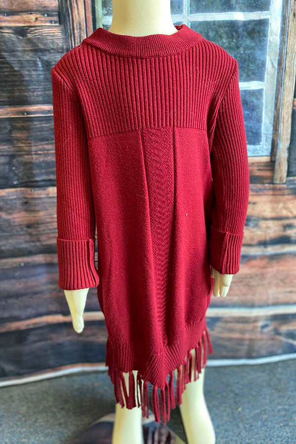 dark red sweater dress Red knit long sleeve girls sweater dress w/tassels DLH2516 (A2S8) – Ladycharmonline.com