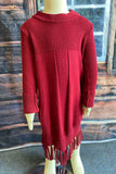 DLH2516 Burgundy knit long sleeve girls sweater dress w/tassels