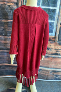 DLH2516 Burgundy knit long sleeve girls sweater dress w/tassels