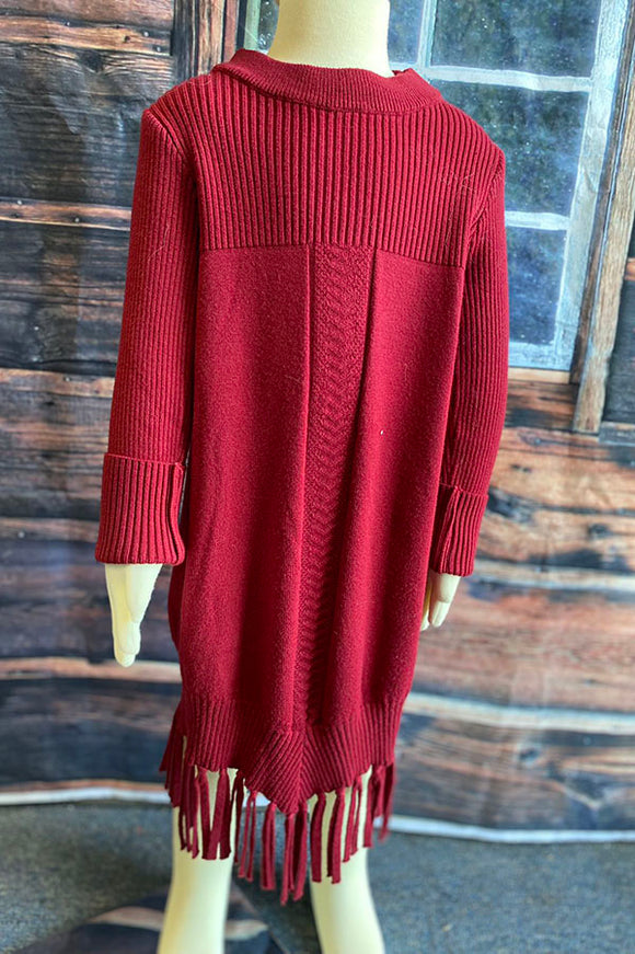 DLH2516 Burgundy knit long sleeve girls sweater dress w/tassels