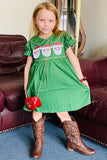 XCH03003 Christmas sequin santa embroidery green smock girls dress