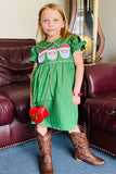 XCH03003 Christmas sequin santa embroidery green smock girls dress