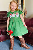 XCH03003 Christmas sequin santa embroidery green smock girls dress