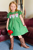 XCH03003 Christmas sequin santa embroidery green smock girls dress