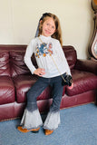 DLH2754 Black denim fabric bell bottom girls jeans w/washed ruffle