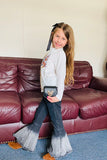 DLH2754 Black denim fabric bell bottom girls jeans w/washed ruffle