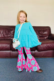 XCH0024-2H Turquoise long sleeve top pink jewel prints pant girls outfit sets