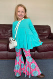 XCH0024-2H Turquoise long sleeve top pink jewel prints pant girls outfit sets