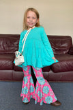 XCH0024-2H Turquoise long sleeve top pink jewel prints pant girls outfit sets