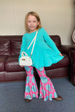 XCH0024-2H Turquoise long sleeve top pink jewel prints pant girls outfit sets