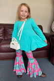 XCH0024-2H Turquoise long sleeve top pink jewel prints pant girls outfit sets