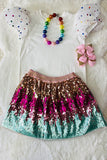 DLH2535 White lace sleeve top sparkle sequin skirt 2pc girls sets