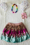 DLH2535 White lace sleeve top sparkle sequin skirt 2pc girls sets