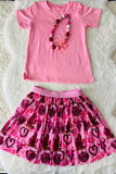 DLH2783 Pink short sleeve top cowgirl prints skirt girls clothing set