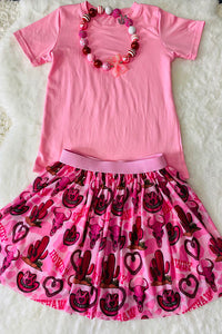 DLH2783 Pink short sleeve top cowgirl prints skirt girls clothing set