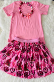 DLH2783 Pink short sleeve top cowgirl prints skirt girls clothing set