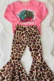 XCH0015-8H Sweet for love pink top leopard bell bottom girls sets