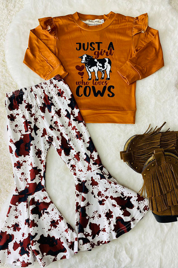 XCH0015-27H JUST A GIRL WHO LOVES COWS prints bell bottom 2pc girls sets