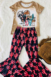 XCH0018-20H LOVE & Riding Printed top & cactus bell bottom 2pc girls sets