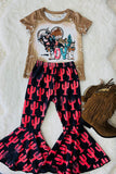 XCH0018-20H LOVE & Riding Printed top & cactus bell bottom 2pc girls sets