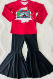 DLH0824-13 Rodeo western prints red raglan top black bell bottom 2pcs girls sets