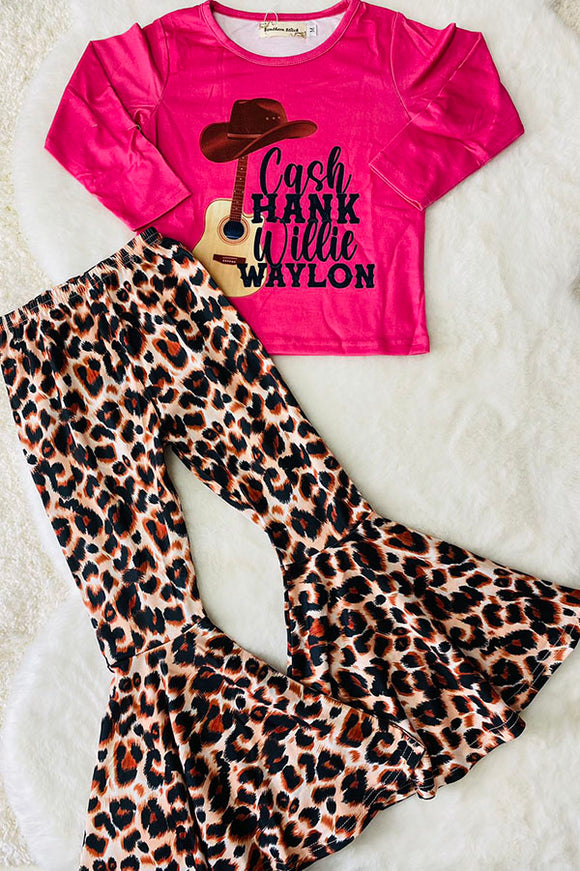 XCH0013-18H Cash hank willil waylon & guitar prints top leopard prints girls sets