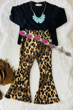 BQ2416 Black long sleeve top leopard bell bottom pant 2pc girls sets