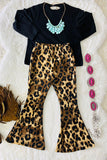 BQ2416 Black long sleeve top leopard bell bottom pant 2pc girls sets