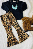 BQ2416 Black long sleeve top leopard bell bottom pant 2pc girls sets