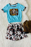 DLH0923-37 Cross printed blue t-shirt w/cow shorts set