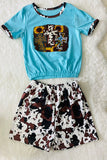 DLH0923-37 Cross printed blue t-shirt w/cow shorts set