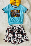 DLH0923-37 Cross printed blue t-shirt w/cow shorts set