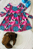 XCH0888-2H Pink leopard & turquoise concho printed girls dress w/ waist belt (A1S4)