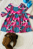 XCH0888-2H Pink leopard & turquoise concho printed girls dress w/ waist belt (A1S4)