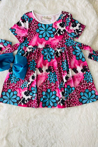 XCH0888-2H Pink leopard & turquoise concho printed girls dress w/ waist belt (A1S4)