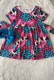 XCH0888-2H Pink leopard & turquoise concho printed girls dress w/ waist belt (A1S4)