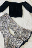 DLH2481 Black velvet off shoulder top leopard bell bottom 2pc girls sets w/pompoms