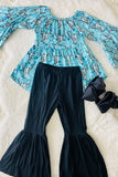 1182WY Turquoise aztec bull top black bell bottom 2pcs girls outfit sets