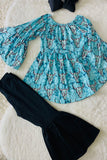 1182WY Turquoise aztec bull top black bell bottom 2pcs girls outfit sets