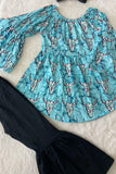 1182WY Turquoise aztec bull top black bell bottom 2pcs girls outfit sets