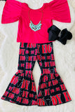 1173WY "HOWDY" hot pink short sleeve top & black bell bottom 2pc girls set