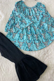 1182WY Turquoise aztec bull top black bell bottom 2pcs girls outfit sets