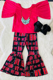 1173WY "HOWDY" hot pink short sleeve top & black bell bottom 2pc girls set