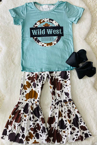 1123WY WILD WEST RODEO blut top cow prints bell bottom 2pc girls sets