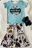 1123WY WILD WEST RODEO blut top cow prints bell bottom 2pc girls sets