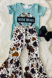 1123WY WILD WEST RODEO blut top cow prints bell bottom 2pc girls sets