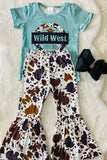 1123WY WILD WEST RODEO blut top cow prints bell bottom 2pc girls sets