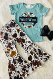 1123WY WILD WEST RODEO blut top cow prints bell bottom 2pc girls sets