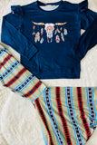 XCH0015-20H Western bull prints navy top aztec bell bottom 2pc girls sets