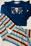 XCH0015-20H Western bull prints navy top aztec bell bottom 2pc girls sets